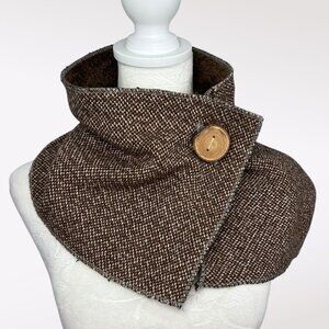 Wise Owl Brown Tweed Button Neck Warmer Scarf Fleece Lined Cowl